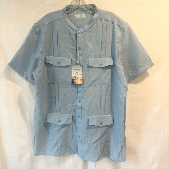 CABANA FASHIONS Men’s Guayabera Shirt L Blue Linen Look 4-Pocket Band Collar NWT - Picture 1 of 6
